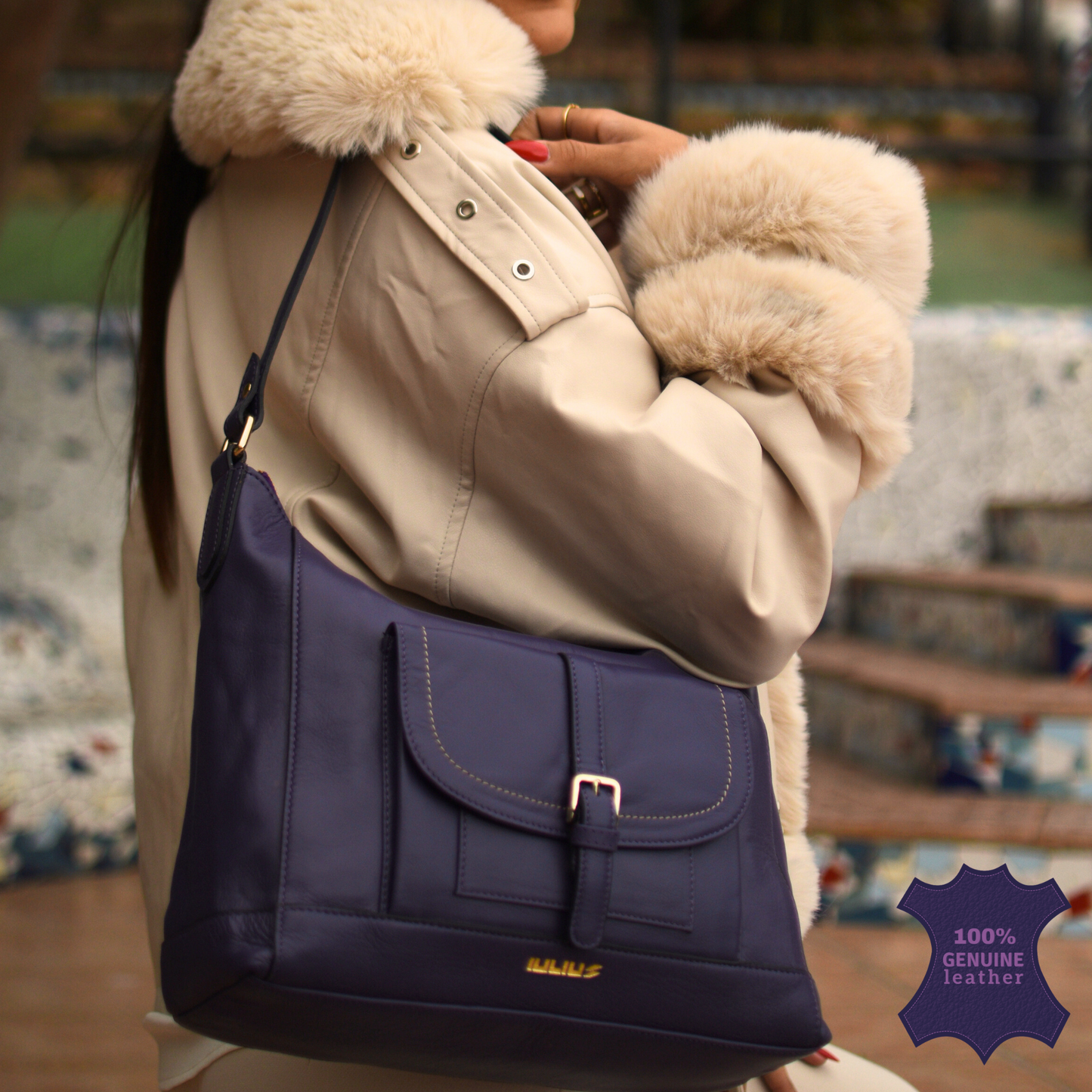 Elegante Schultertasche aus Echtleder in Violett – IULIUS